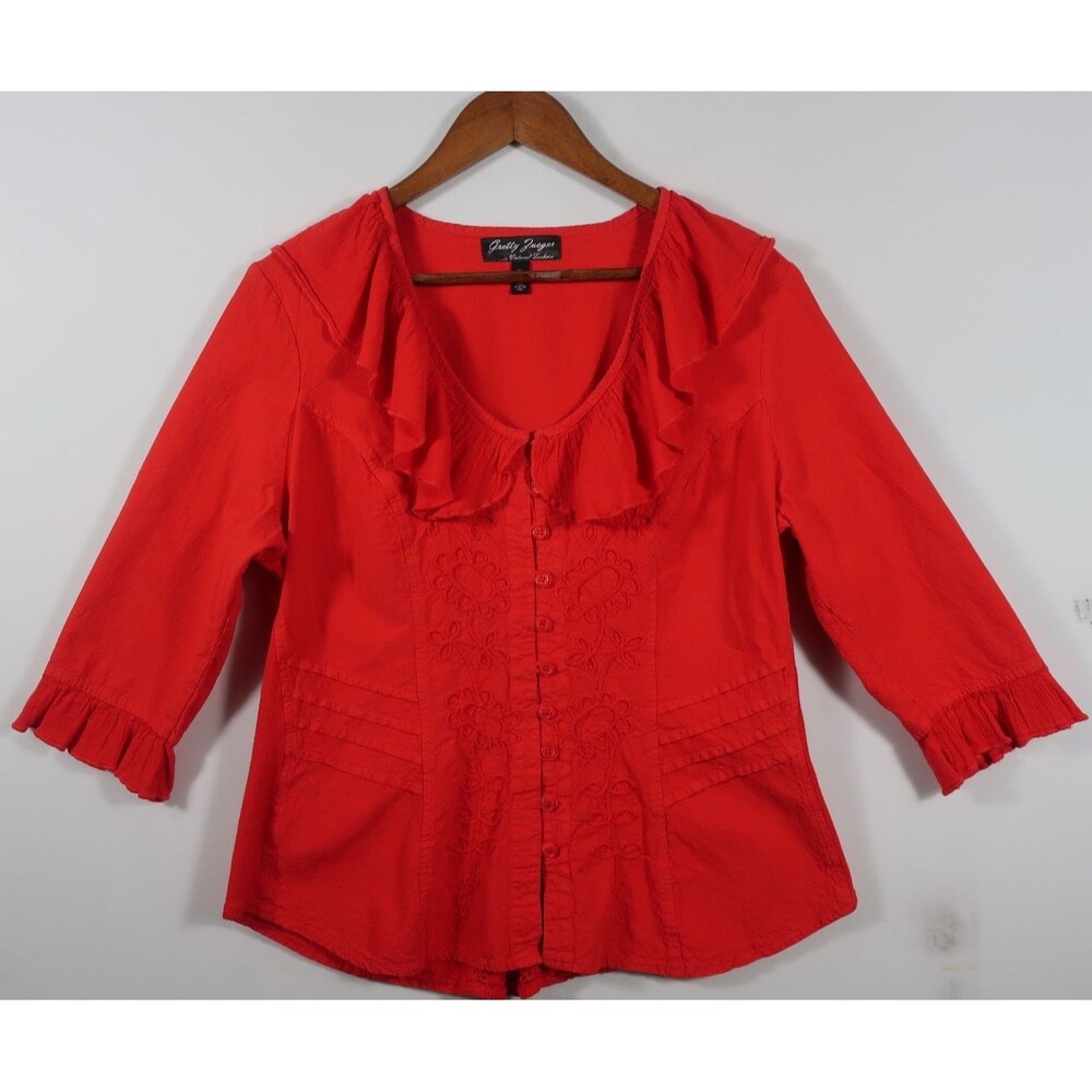 Gretty Zueger Red Ruffle Collar Button Down Shirt 100% Cotton Top Boho Size XL